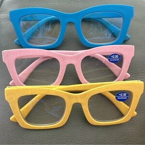 Set of Three 2.50 Colorful Reading Glasses pink yellow blue NEW EUC!